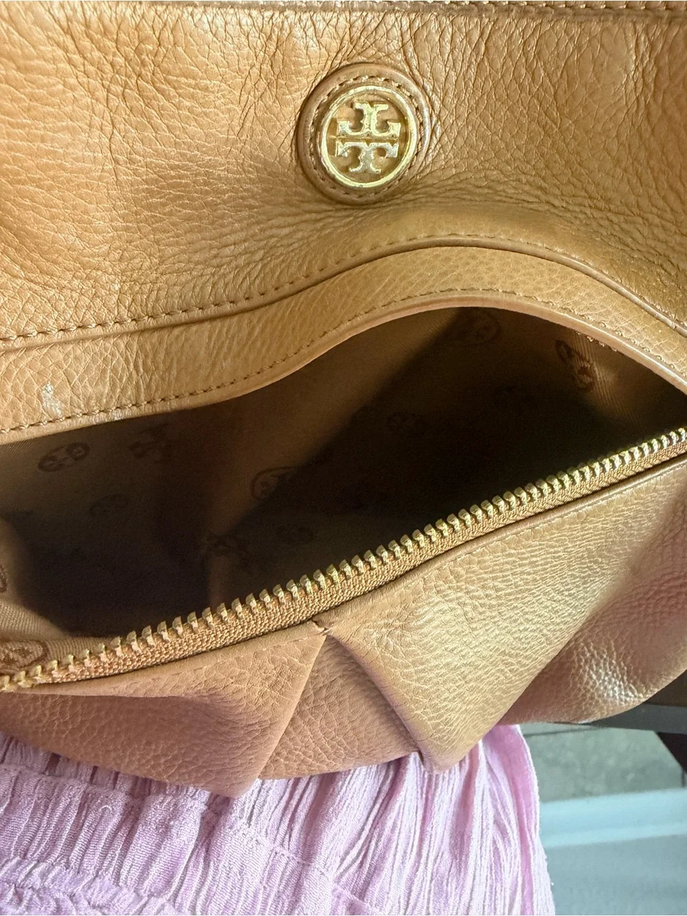 Tory Burch Camel/Tan Leather Shoulder Bag with Logo Medallion